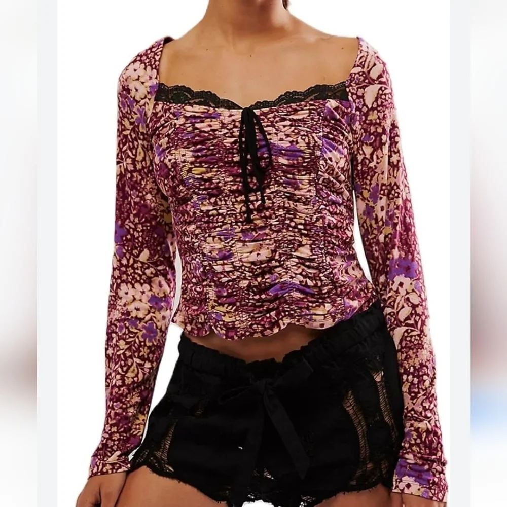 Free People Pink and Purple Tie Front Crop Blouse, MEDIUM